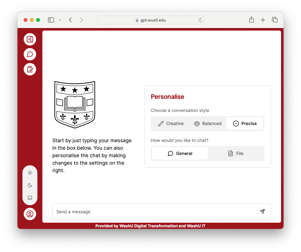 A WashU crest is on the left of the screen. There is a space on the right to type in a prompt.